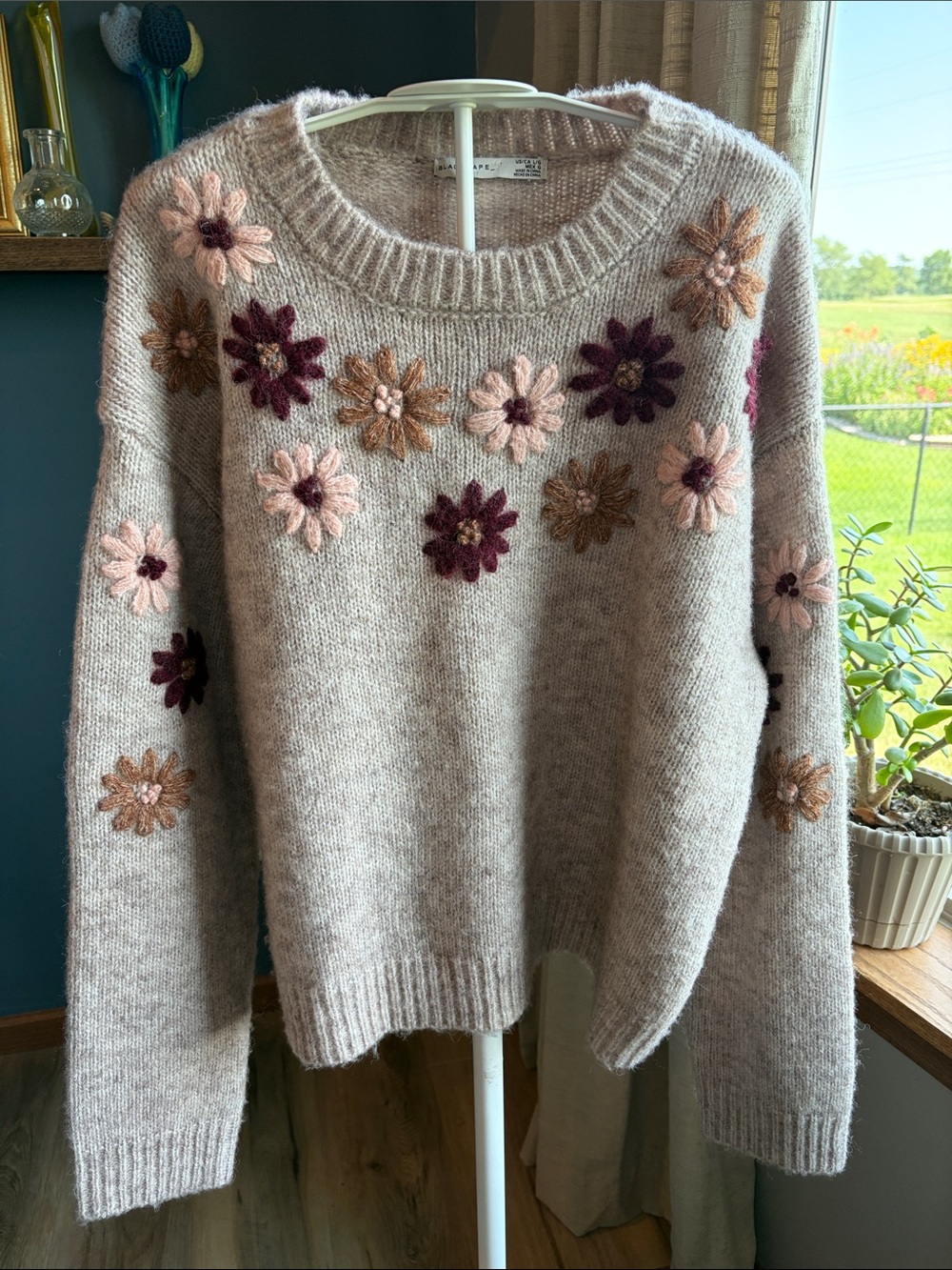 Black Tape Crewneck Floral Applique Sweater